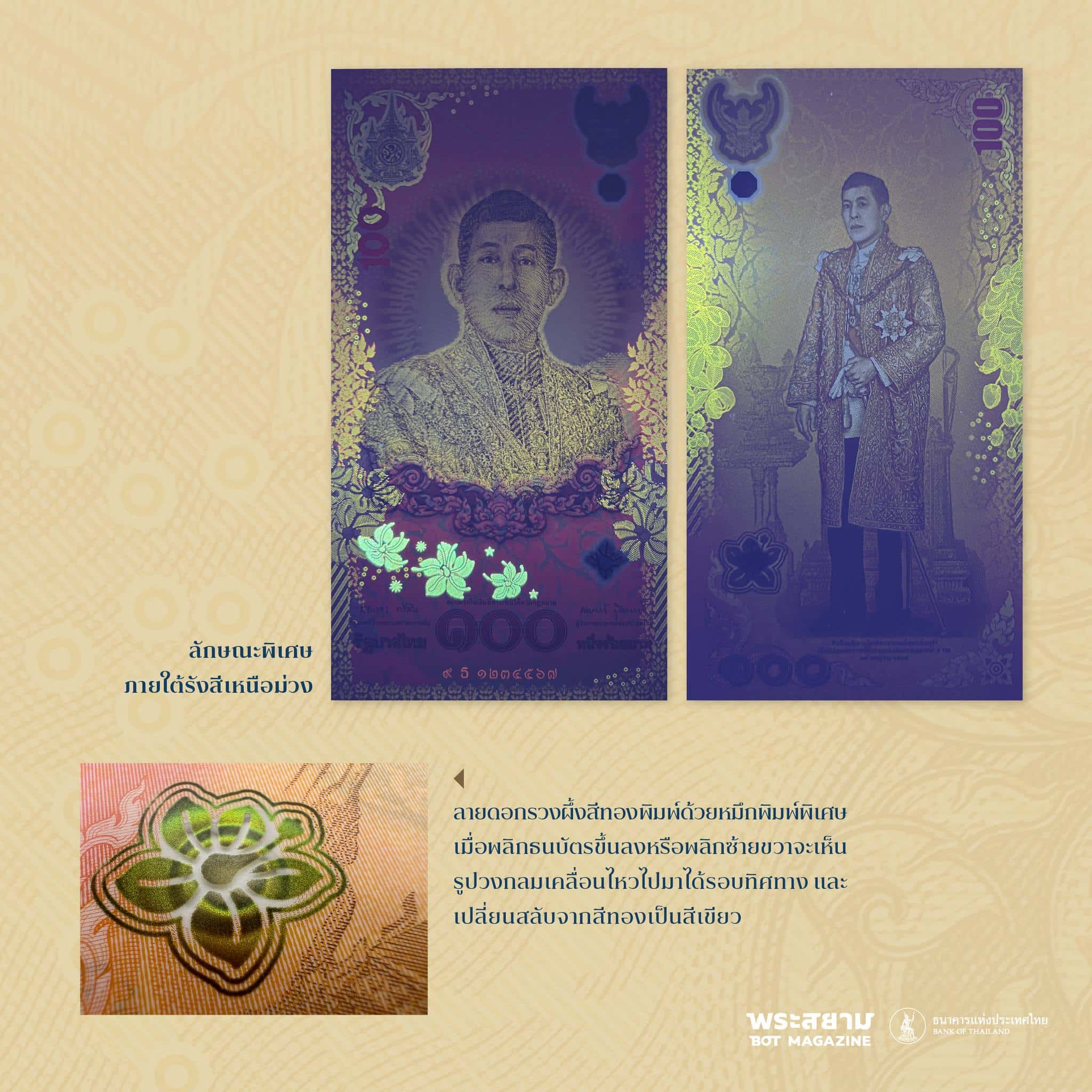 ธนบัตรด้านหลังมีภาพดอกรวงผึ้งและลายดาวสีเขียวอมเหลืองเรืองแสงภายใต้รังสีเหนือม่วง 