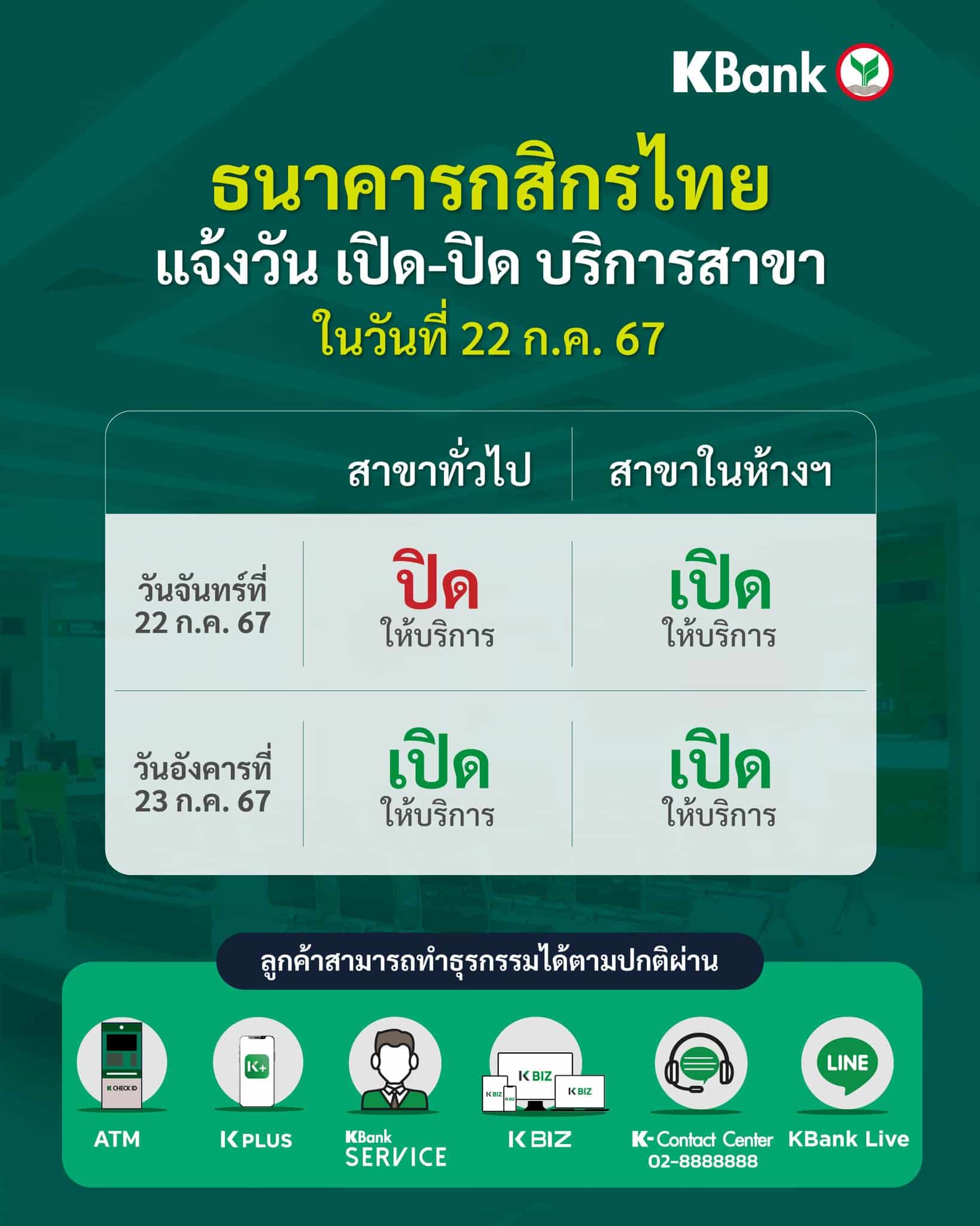 ธนาคารกสิกรไทย แจ้งวันหยุด 22 ก.ค. 67