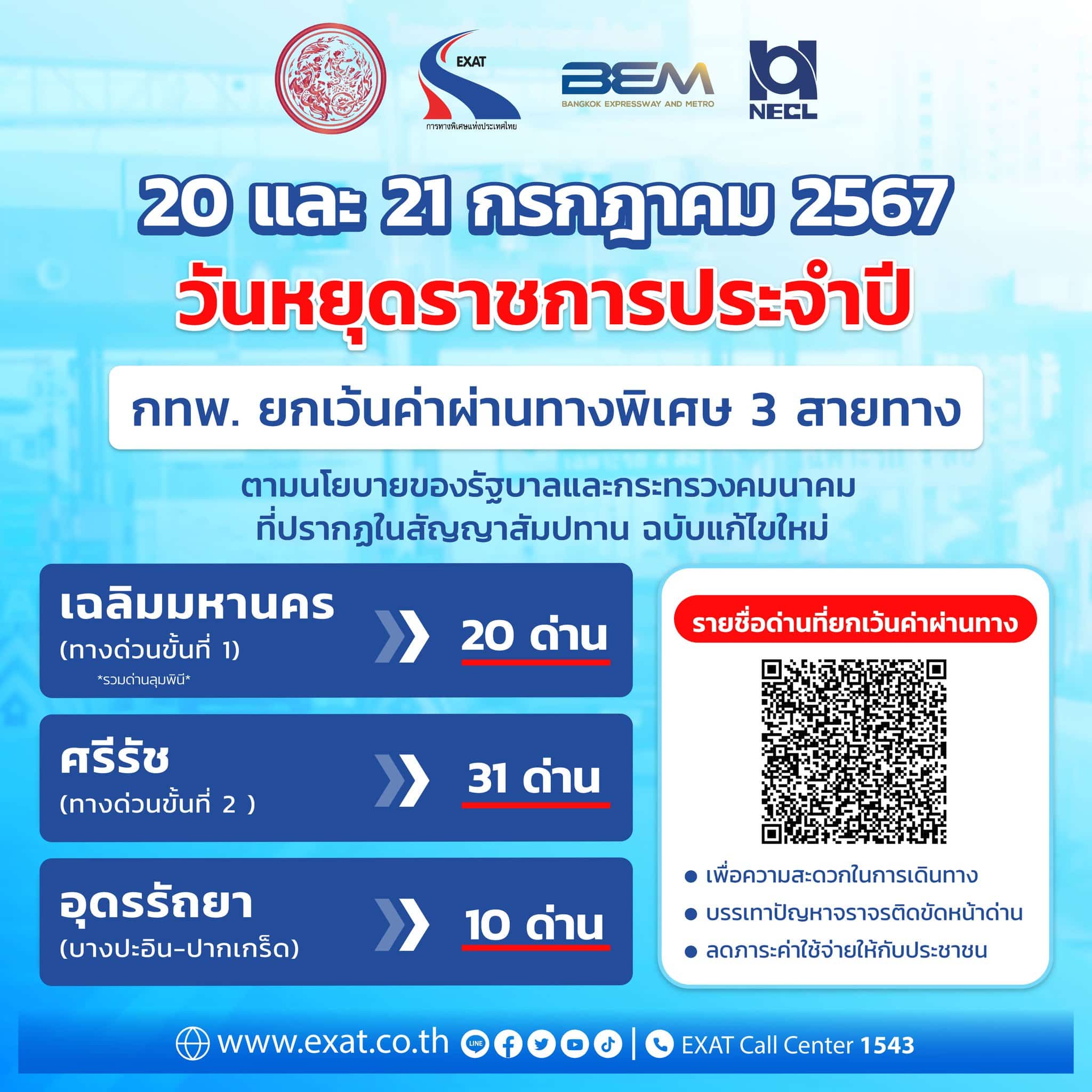 ยกเว้นค่าทางด่วน เดือน ก.ค. 67