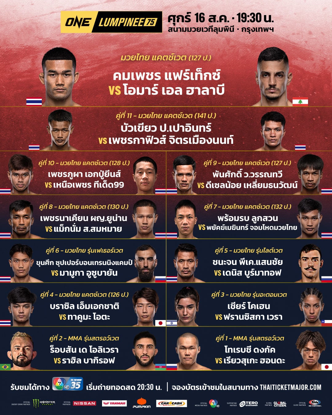 ดูมวยสด ONE ลุมพินี 75 คมเพชร VS โอมาร์