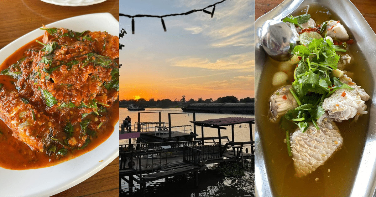 ร้านอาหารริมน้ำ บางไทร ร้านริมน้ำล้อมรอบไปด้วยต้นไม้ ช่วงเย็นจะได้เห็นแสงพระอาทิตย์ตก