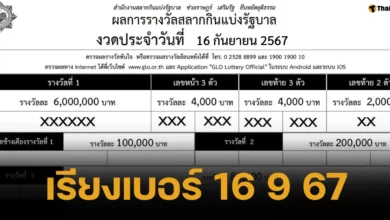 ใบตรวจหวยเรียงเบอร์ 16 กันยายน 2567 (16/9/67) สำนักงานสลากกินแบ่งรัฐบาลประกาศออกมาแล้วทั้งรางวัลที่ 1 รางวัลเลขท้าย 2 ตัว 3 ตัว เลขหน้า ไปจนถึงรางวัลที่ 5