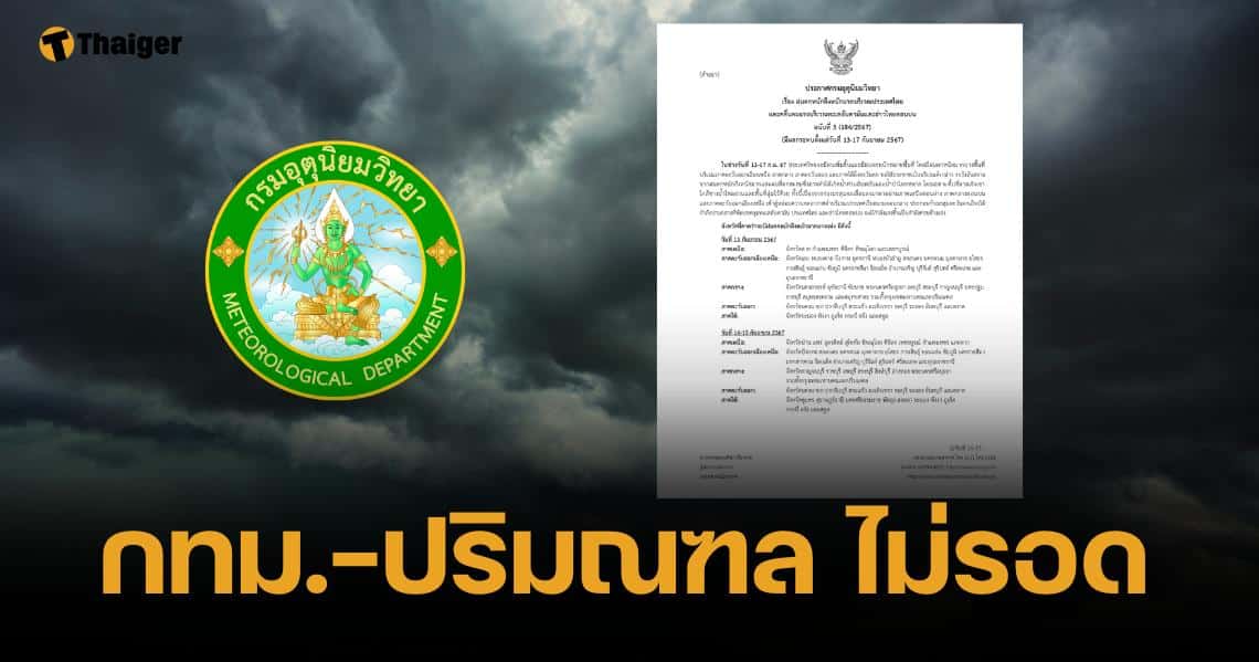 กรมอุตุนิยมวิทยา เปิดลิสต์จังหวัด "ฝนตกหนักมาก" 13-17 ก.ย. 67