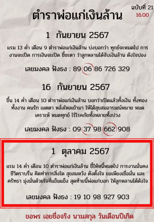 เลขเด็ด งวด 1 ตุลาคม 2567 ตามตำราพ่อแก่เงินล้าน แนวทางการซื้อหวยรัฐบาล