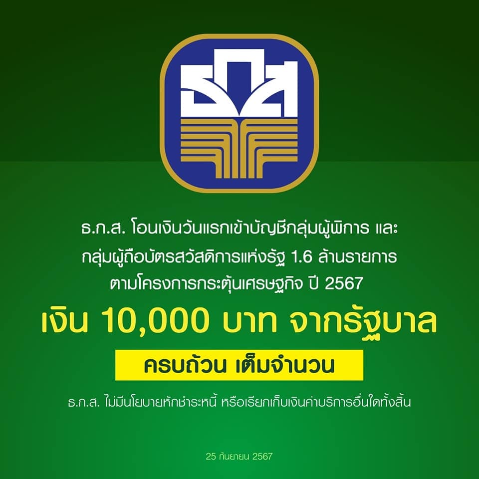 ธ.ก.ส. โอนเงินวันแรกเข้าบัญชีกลุ่มผู้พิการและผู้ถือบัตรสวัสดิการแห่งรัฐ 1.6 ล้านรายการ