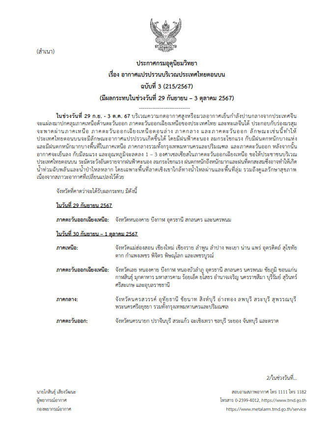 ประกาศ กรมอุตุนิยมวิทยา ฉบับ 3 อากาศแปรปรวน