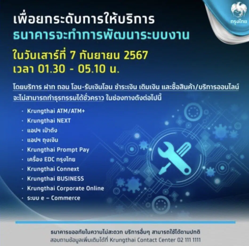 ธนาคารกรุงไทยปิดปรับปรุงระบบกันยายน 2567