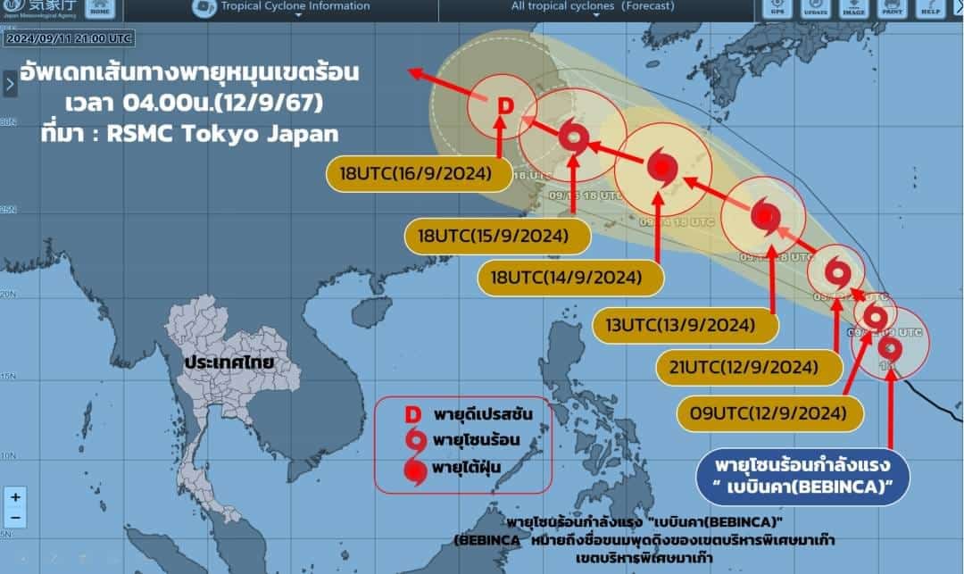 เส้นทางของพายุเบบินคาในโซนใกล้ประเทศไทย