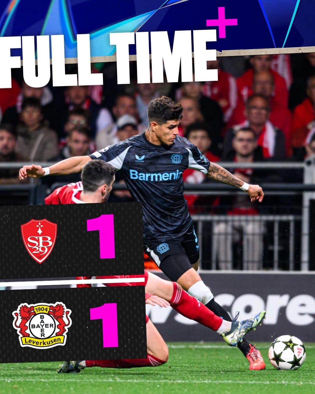 ผลบอลเมื่อคืนนี้ ยูฟ่า แชมเปี้ยนส์ลีก เบรสต์ เลเวอร์คูเซ่น