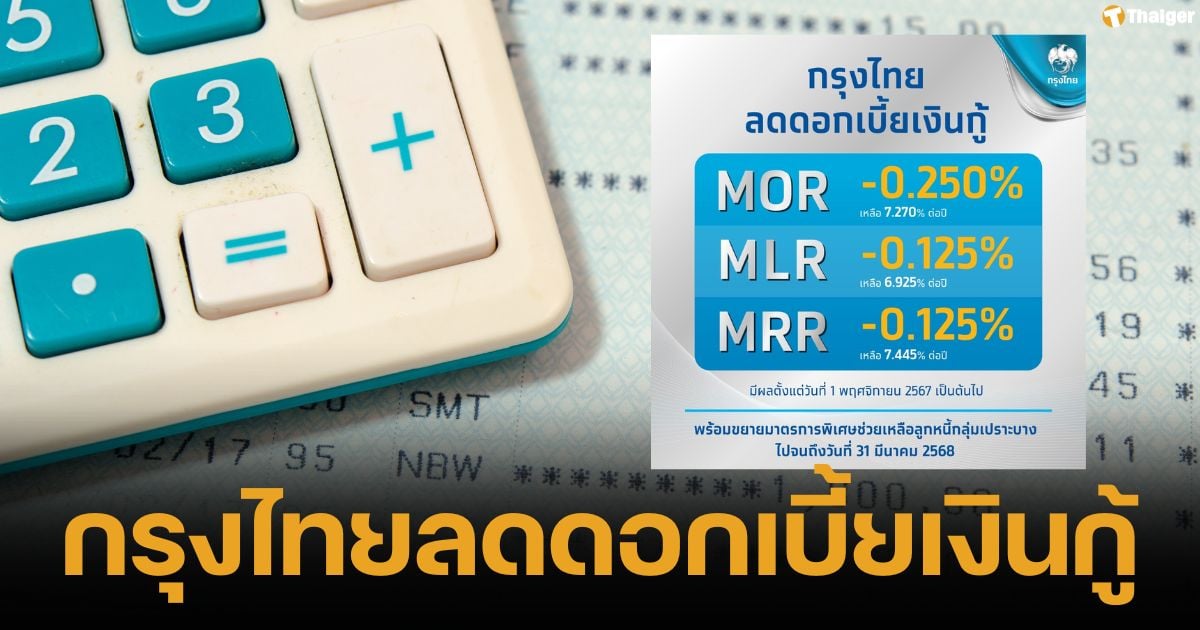 Krungthai Bank reduces loan interest rates Helping vulnerable groups, effective 1 Nov.