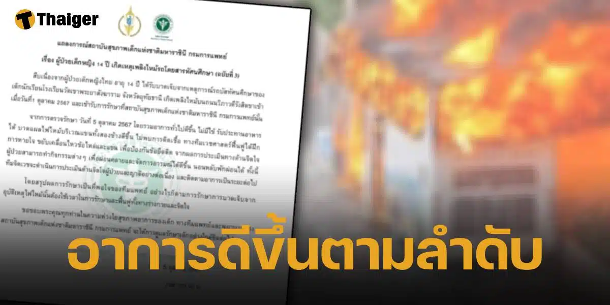 อัปเดตอาการ เด็กหญิง 14 เหยื่อไฟไหม้รถบัสทัศนศึกษา ล่าสุดอาการขึ้นตามลำดับ ทั้งบาดแผลตามร่างกาย และจิตใจ