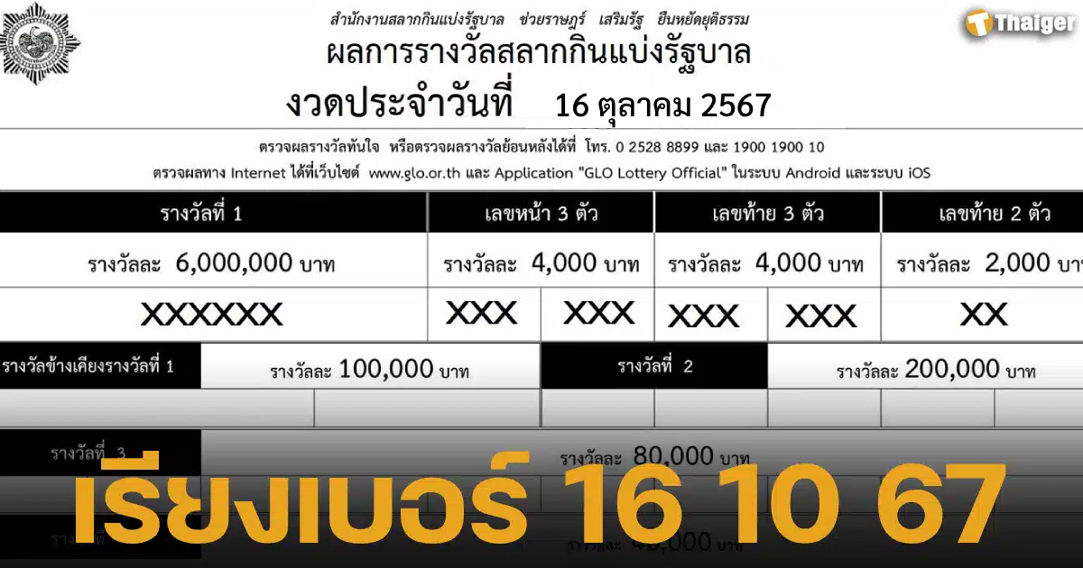 ใบตรวจหวยเรียงเบอร์ 16 ตุลาคม 2567 เช็กผลรางวัลลุ้นโชค แบบเก่า จากสำนักงานสลากกินแบ่งรัฐบาล