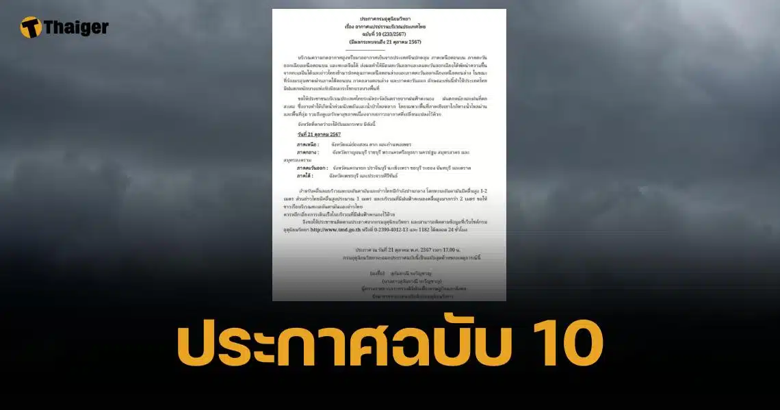 กรมอุตุนิยมวิทยา ออกประกาศฉบับ 10 เตือน 18 จว. ฝนตกหนัก 21 ต.ค.