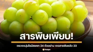 มูลนิธิเพื่อผู้บริโภค เผยผลสุ่มตรวจ องุ่นไชน์มัสแคท 24 ตัวอย่าง เจอสารพิษตกค้างเกินกำหนดเพียบ แถมส่วนใหญ่เป็นสารดูดซึม ล้างยังไงก็ไม่ออก