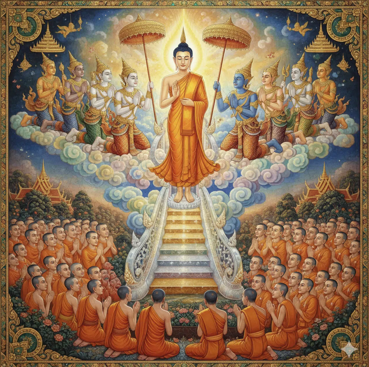 พระพุทธเจ้าเสด็จกลับจากสวรรค์ดาวดึงส์ หลังโปรดพุทธมารดา