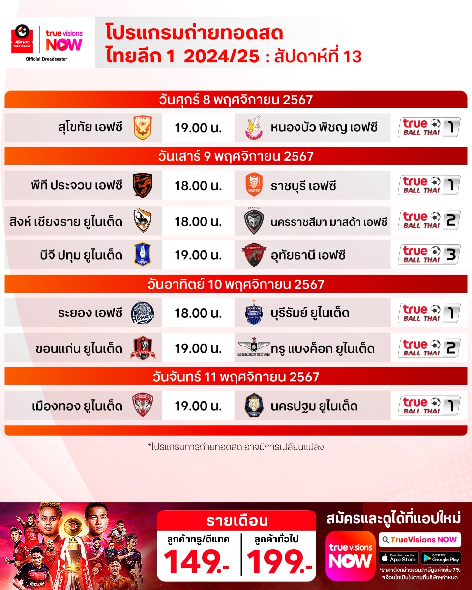 ตารางแข่งขัน รีโว่ ไทยลีก 2024/25 สัปดาห์ที่ 13