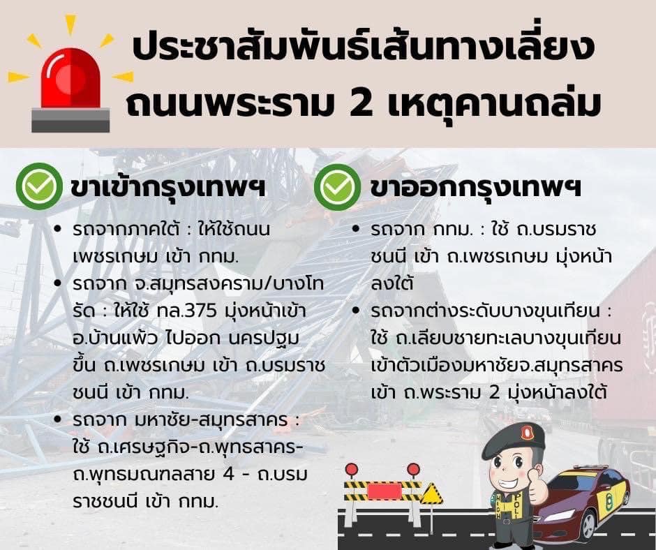 เส้นทางเลี่ยง ถนนพระราม 2 คานถล่ม ขาเข้าขาออก กทม