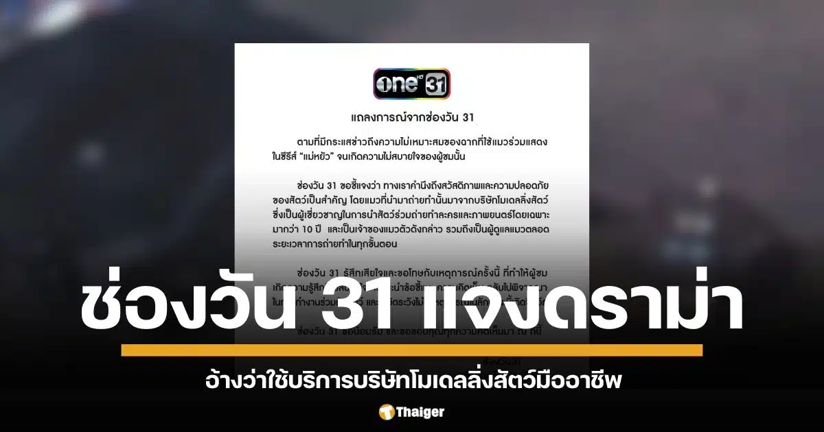 แถลงการณ์จากช่องวัน 31 เคลียร์ปม วางยานอนหลับแมวดำในซีรีส์แม่หยัว อ้างเป็นเมลมาจากบริษัทโมเดลลิ่งสัตว์ที่เป็นผู้เชี่ยวชาญการใช้สัตว์ถ่ายทำมานานกว่า 10 ปี ย้ำจะไม่ให้มีเหตุการณ์แบบนี้เกิดขึ้นอีก