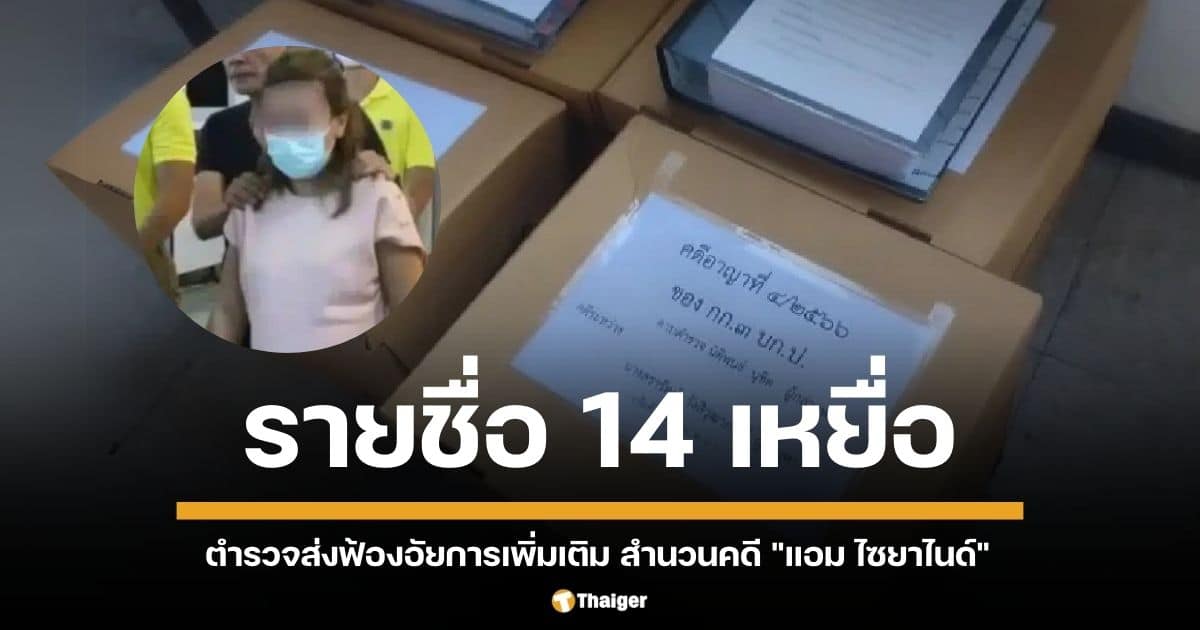 ตำรวจส่งฟ้องอัยการ 14 สำนวนคดี "แอม ไซยาไนด์" หลังพบพยานหลักฐานเพิ่มเติมในคดีวางยาพิษ ซึ่งมีผู้เสียชีวิต 13 ราย และรอดชีวิต 1 ราย