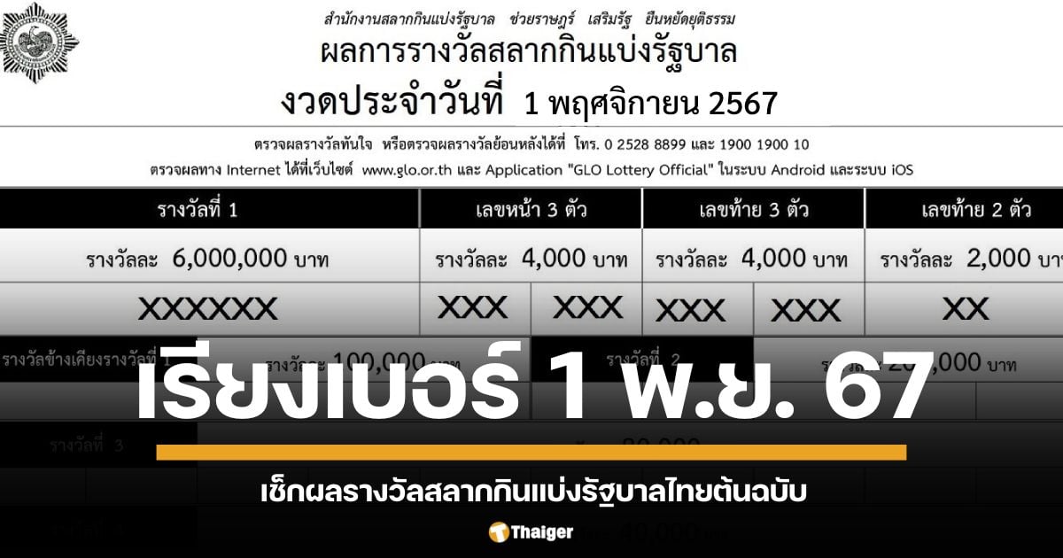 ใบตรวจหวยเรียงเบอร์ ประจำงวดวันที่ 1 พฤศจิกายน 2567 เช็กผลสลากกินแบ่งรัฐบาลทุกรางวัล ทั้งรางวัลที่ 1 รางวัลเลขท้าย 2 ตัว 3 ตัว เลขหน้า ไปจนถึงรางวัลที่ 5 ติดตามผลพร้อมกันได้ที่นี่