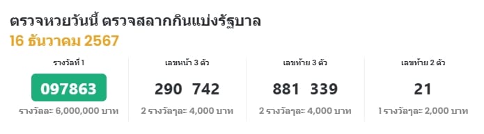 ตรวจหวย 16 ธันวาคม 2567