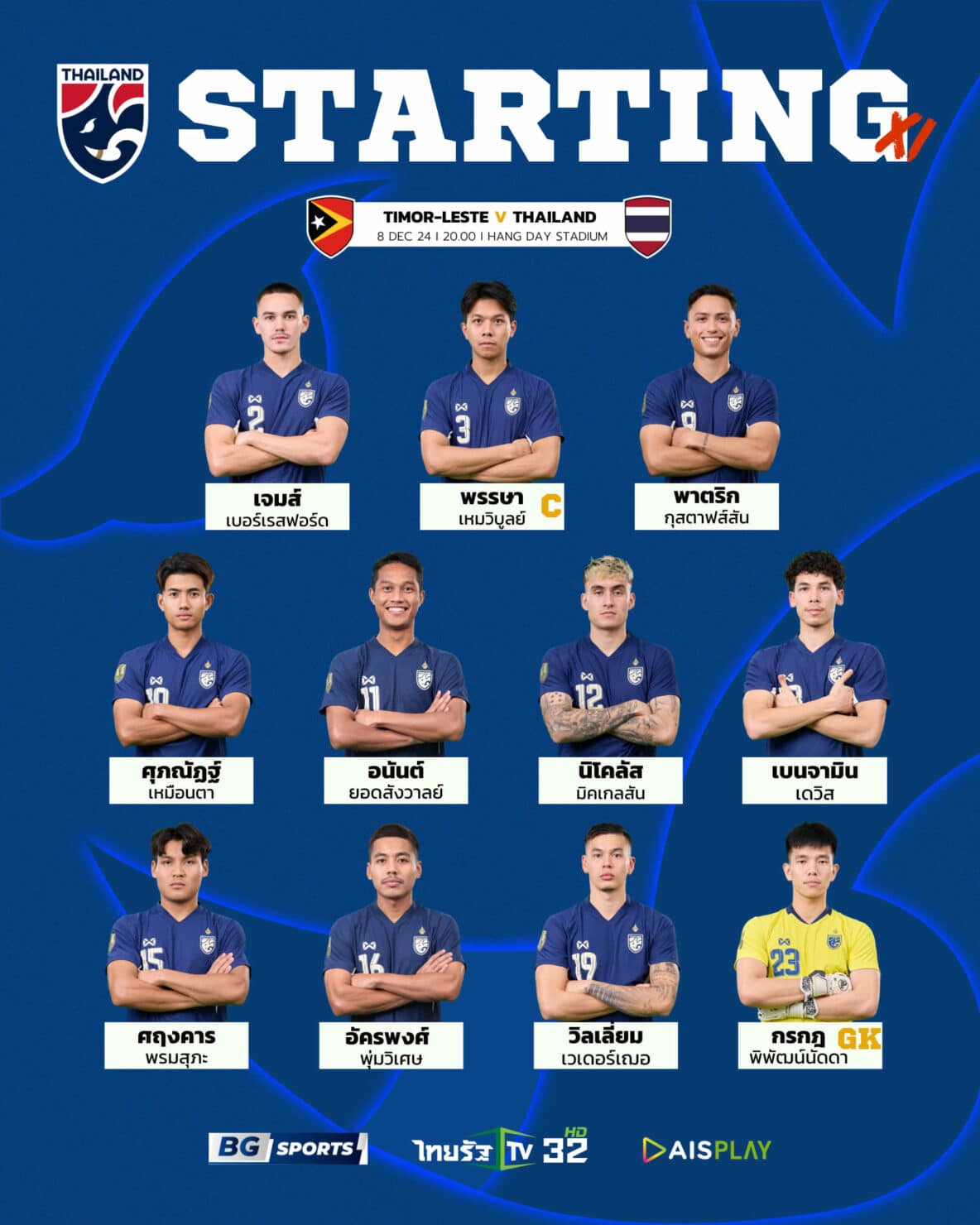 11 ตัวจริง ติมอร์ เลสเต ไทย ฟุตบอลอาเซียน คัพ 2024