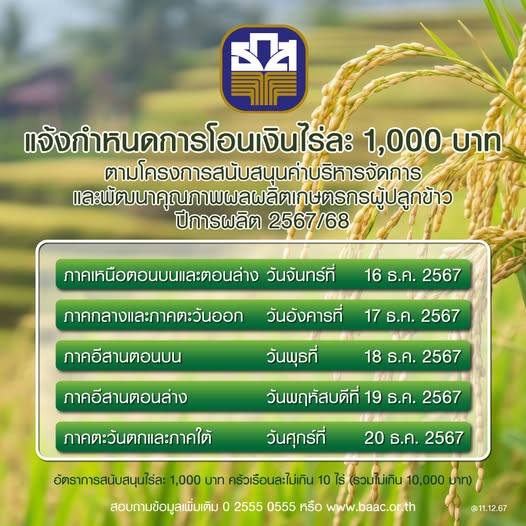 ปฏิทิน เงินช่วยชาวนา 1000 บาท โอนวันไหน