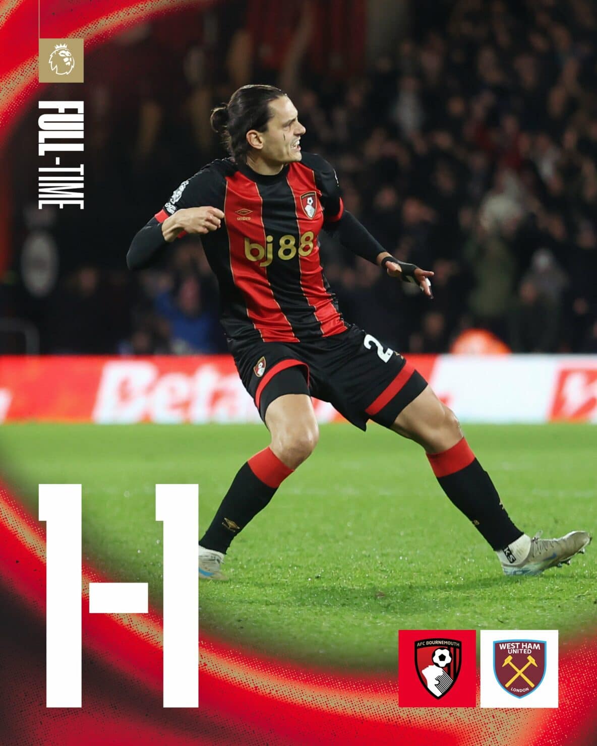 ผลบอลเมื่อคืนนี้ พรีเมียร์ลีก บอร์นมัธ เวสต์แฮม