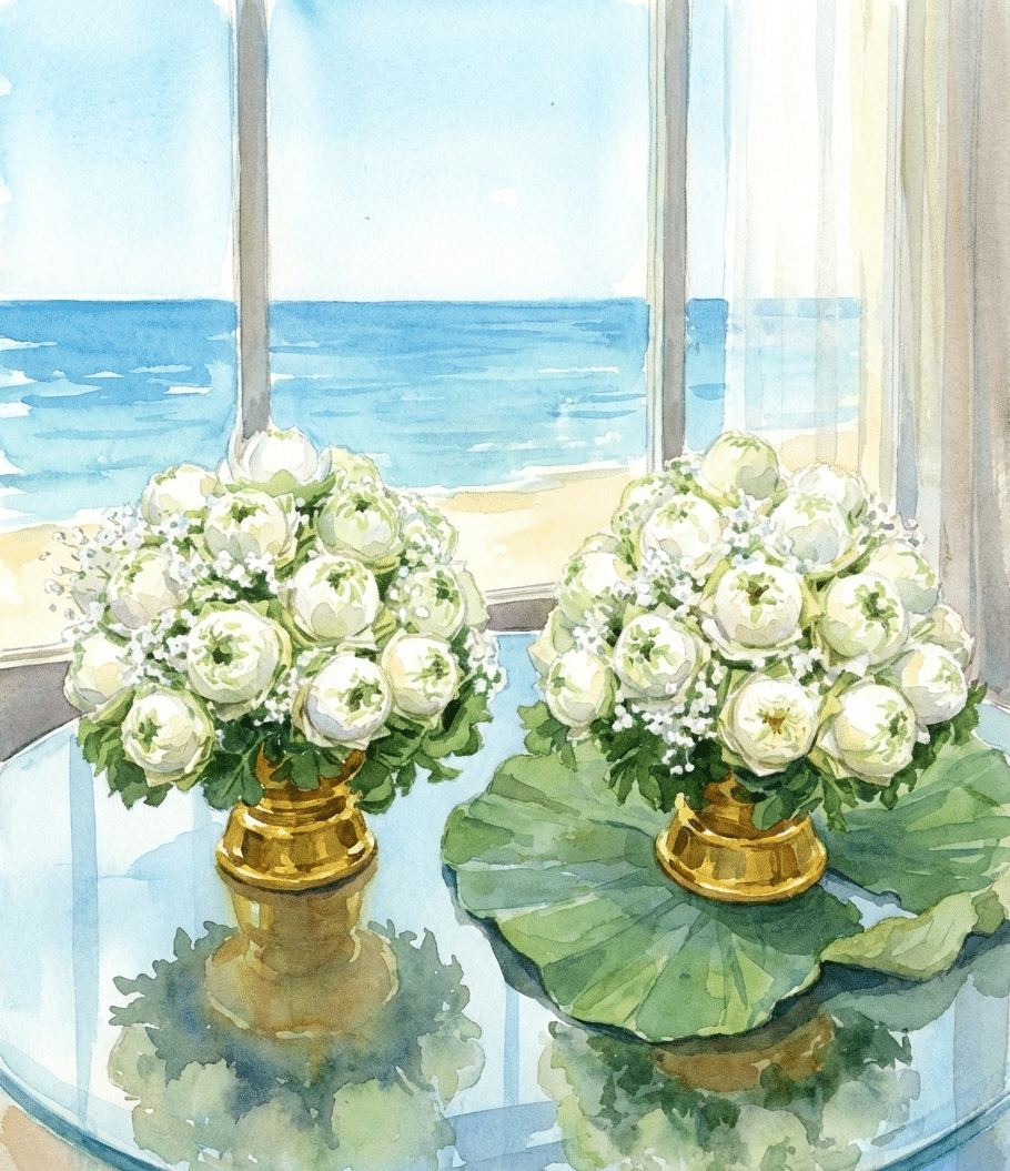 พานพุ่มทองและพานพุ่มเงินที่จัดวางบนโต๊ะหมู่บูชา ร.9