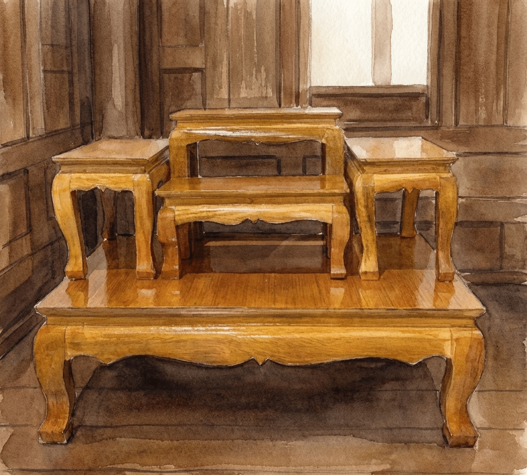 การจัดโต๊ะหมู่บูชารัชกาลที่ 9 ด้วยเครื่องทองน้อยและพานพุ่มดอกไม้