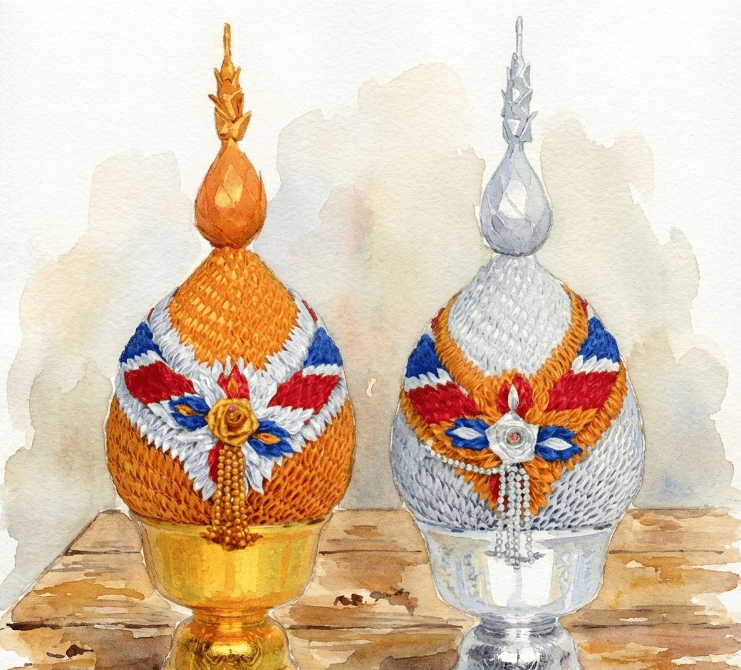 การจัดโต๊ะหมู่บูชารัชกาลที่ 9 ด้วยเครื่องทองน้อยและพานพุ่มดอกไม้