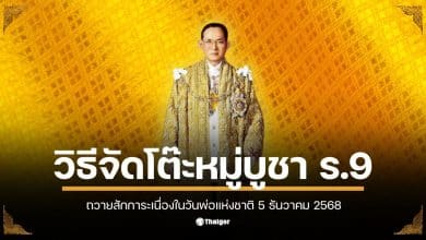 โต๊ะหมู่บูชาที่จัดเตรียมสำหรับวันพ่อแห่งชาติ 2568 พร้อมพระบรมฉายาลักษณ์ ร.9