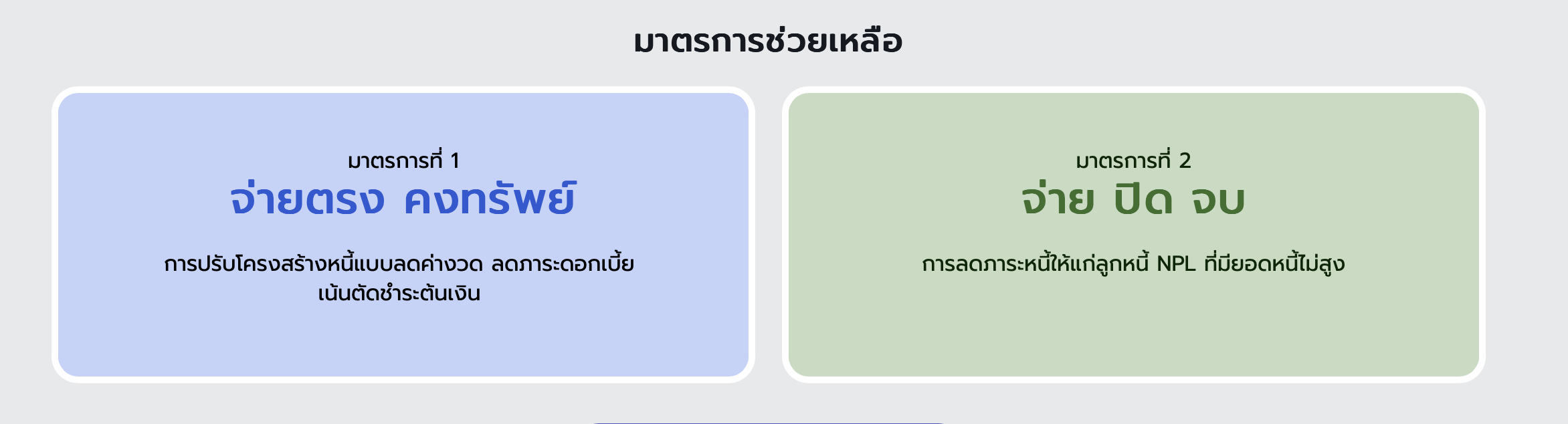 มาตรการแก้หนี้นี้ ต้องการช่วยเหลือลูกหนี้รายย่อยและ SMEs เฉพาะกลุ่ม ประกอบด้วย 2 มาตรการ 