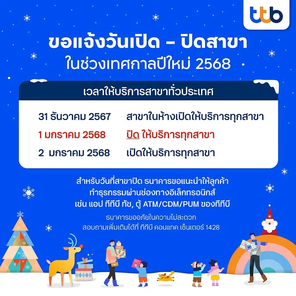 ธนาคารทีทีบีธนชาติ หยุดวันไหนบ้างช่วงปีใหม่ 2568