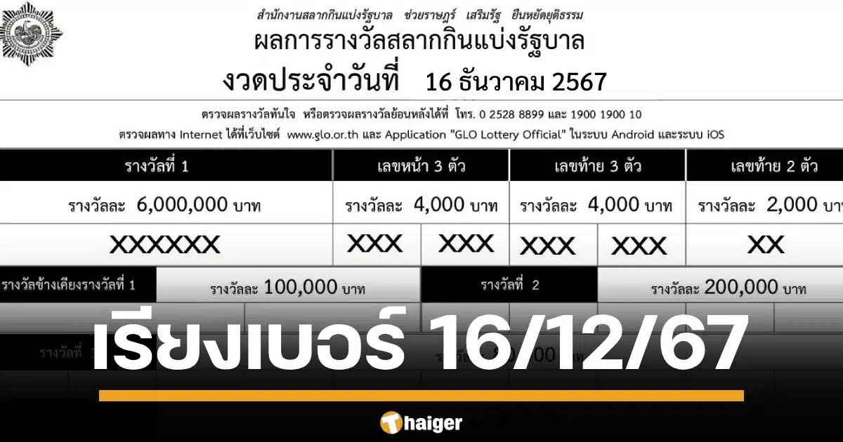 ใบตรวจหวยเรียงเบอร์ ประจำงวดวันจันทร์ที่ 16 ธันวาคม 2567