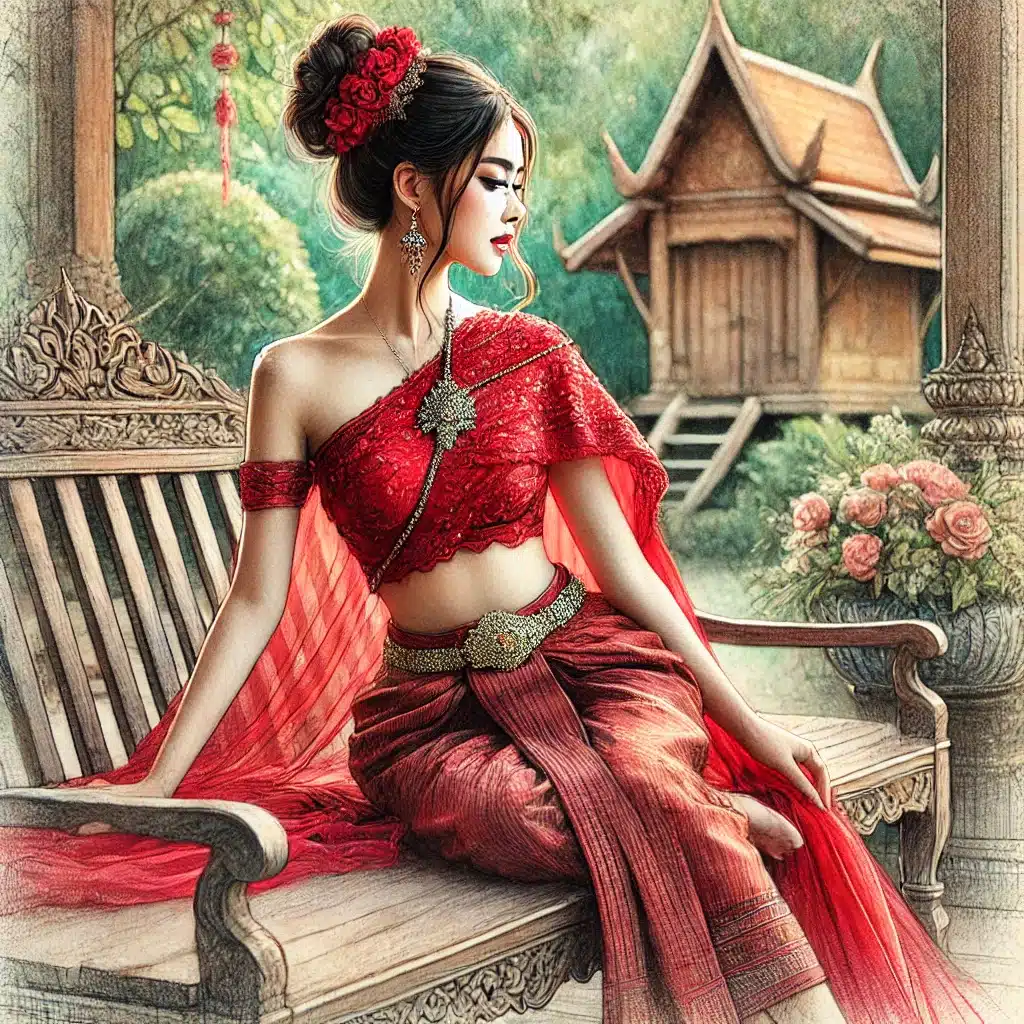 ภาพหญิงไทย ระบายด้วยสีไม้ สีจะสดกว่าสีไม้ระบายน้ำ