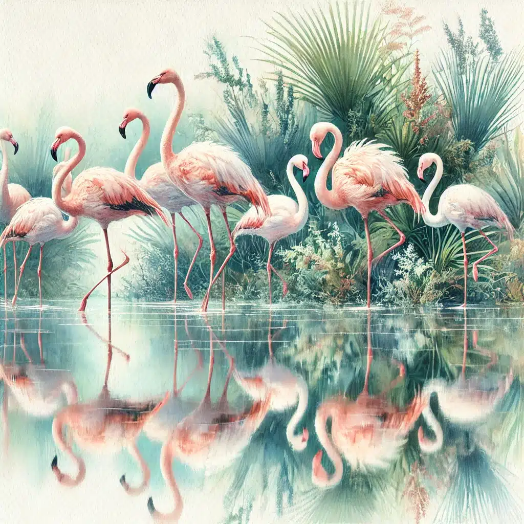 นกฟลามิงโก ระบายด้วยสีน้ำ