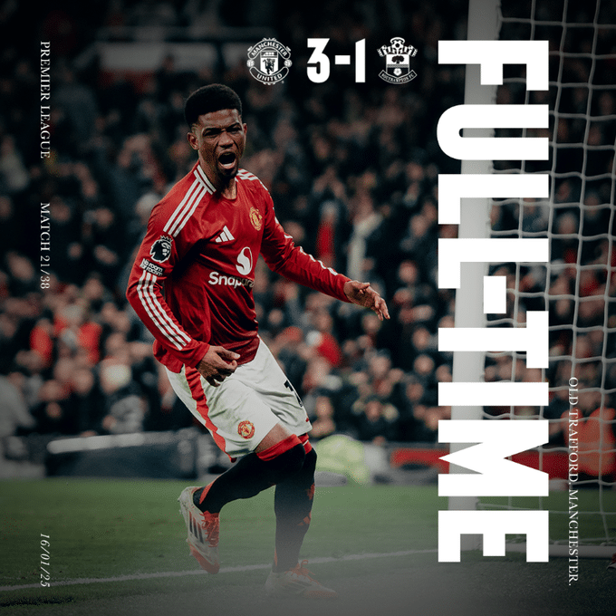 ผลบอลเมื่อคืนนี้ พรีเมียร์ลีก แมนยู เซาธ์แฮมป์ตัน