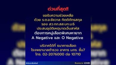 ประกาศ ขอรับบริจาคเลือดกรุ๊ป A Negative และ O Negative ให้กับ ร.ต.อ.ชัชวาล กิตติภัทรสกุล รอง สว.กก.สส.บก.น.6