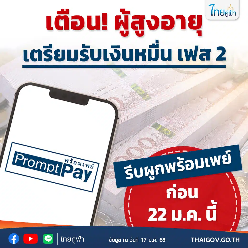 ผู้สูงอายุ เตรียมรับเงินดิจิทัลเฟส 2 รีบผูกพร้อมเพย์ก่อน 22 ม.ค.