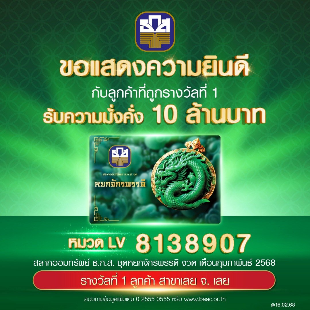 ธ.ก.ส. ถูกรางวัลที่ 1 10 ล้านบาท 16 ก.พ. 68