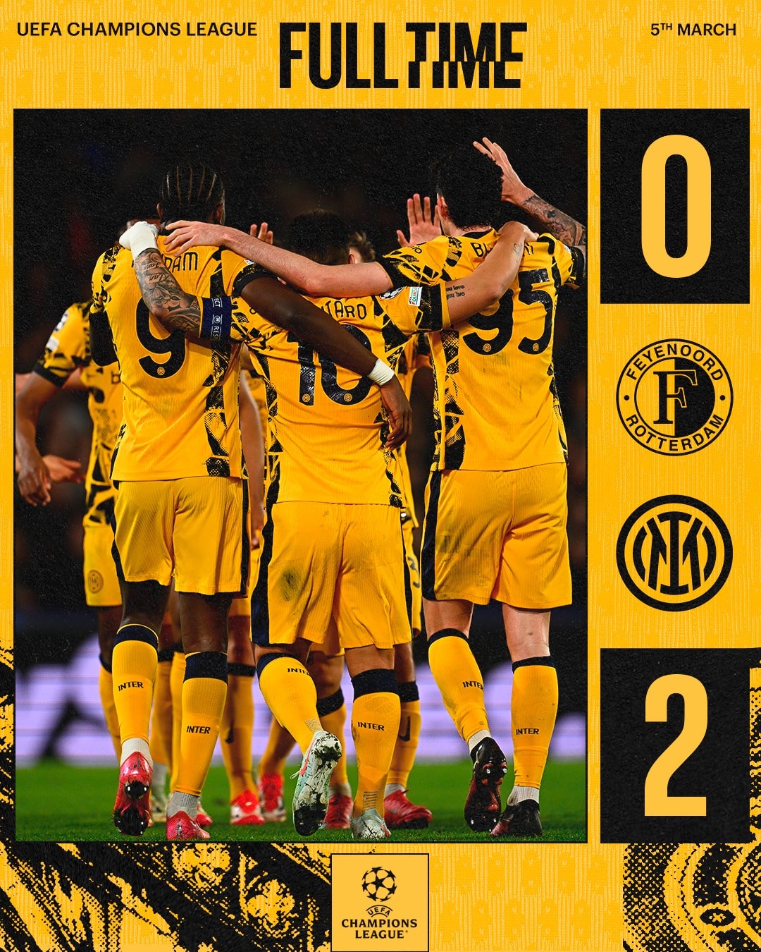 ผลบอลเมื่อคืนนี้ ยูฟ่า แชมเปี้ยนส์ลีก เฟเยนูร์ด อินเตอร์