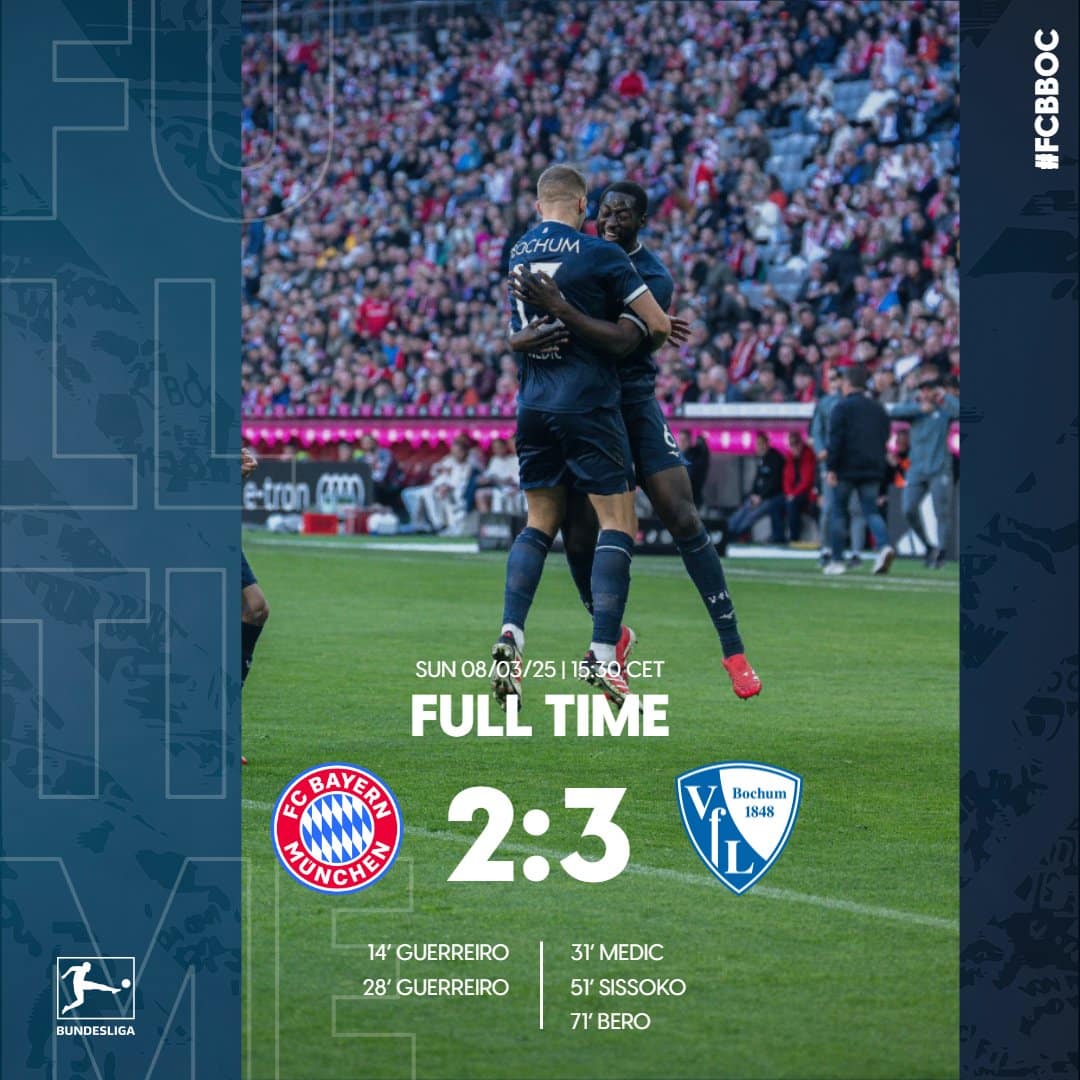 ผลบอลเมื่อคืนนี้ บุนเดสลีกา บาเยิร์น โบคุ่ม