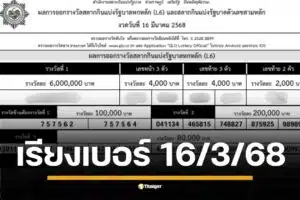 ใบตรวจหวยเรียงเบอร์ 16 มีนาคม 2568 ผลสลากกินแบ่งรัฐบาล ทุกรางวัล