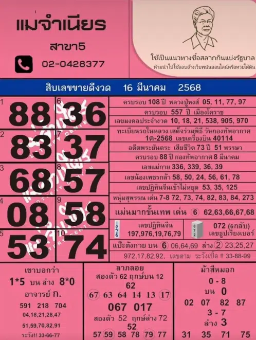 หวยแม่จำเนียร งวด 16 มีนาคม 2568