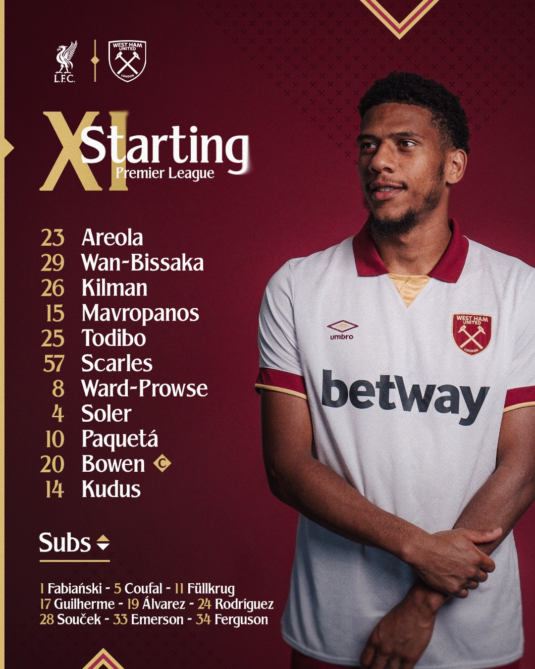 11 ตัวจริง ลิเวอร์พูล เวสต์แฮม