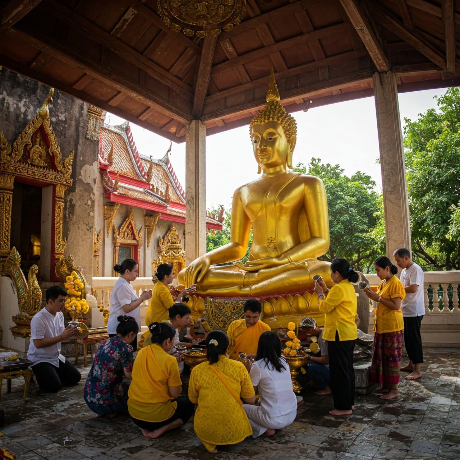 ชาวพุทธเข้าวัดทำบุญในช่วงเทศกาลสงกรานต์