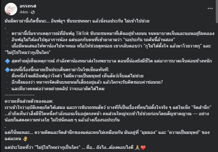 เพจดังแฉ อินฟูลดัง ชนหมาจรแล้วไม่ยอมช่วยเหลือ