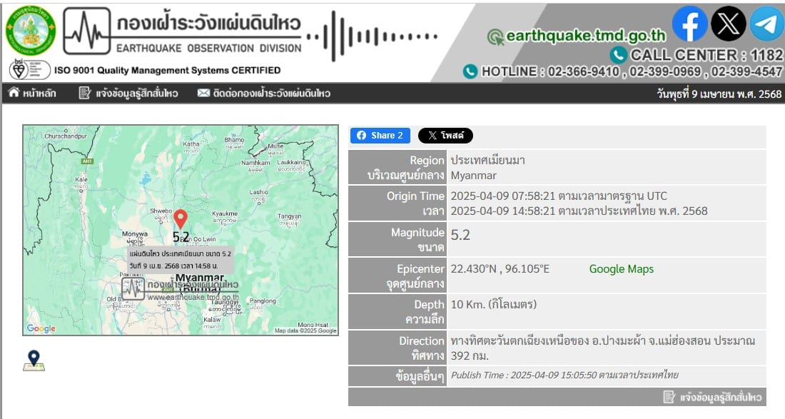 แผ่นดินไหวเมียนมา ระดับ 5.2 ใกล้ไทย