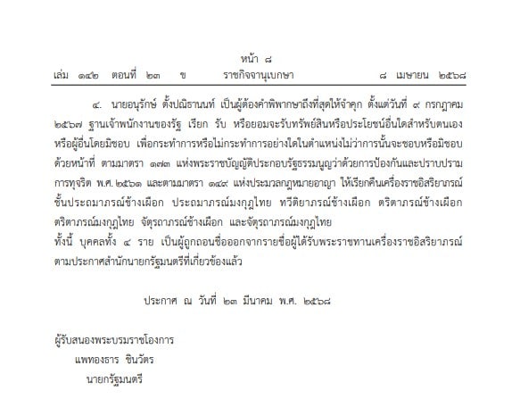 โปรดเกล้า ถอดยศ อดีต สส. 4 ราย